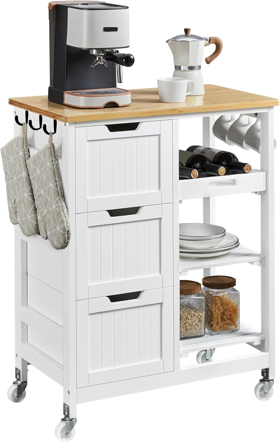 Kitchen Storage Trolley on Wheels, Rolling Kitchen Island Cart with 3 Drawers and 3 Shelves, Mobile Storage Sevring Trolley Cart for Dining Room, Bathroom, Laundry, Living Room, White