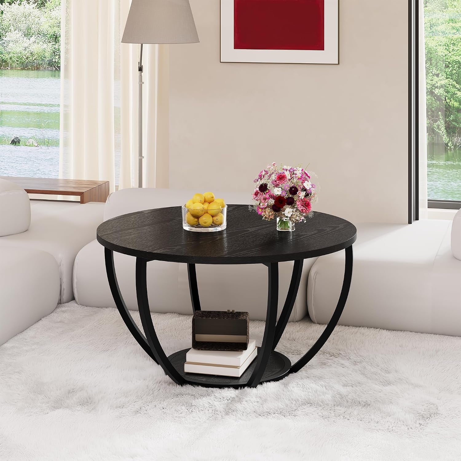 round Coffee Table,Accent Center Table for Living Room,Black | Black Coffee Table,Wooden 2-Tier Circle Coffee Tables with Storage Shelves,Sofa Table for Home Office,Easy Assembly