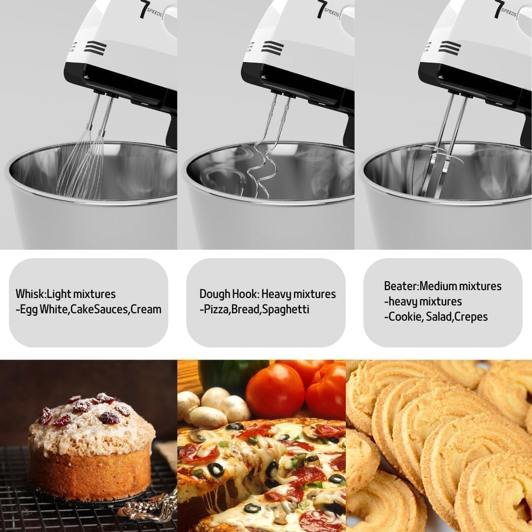 Stand Mixers, 7 Speeds with 3QT Stainless Steel Bowl, Stand and Hand Mixer with Dough Hook, Whisk, Mixing Beater for Baking, Cake, Cookie, Kneading (HP1)