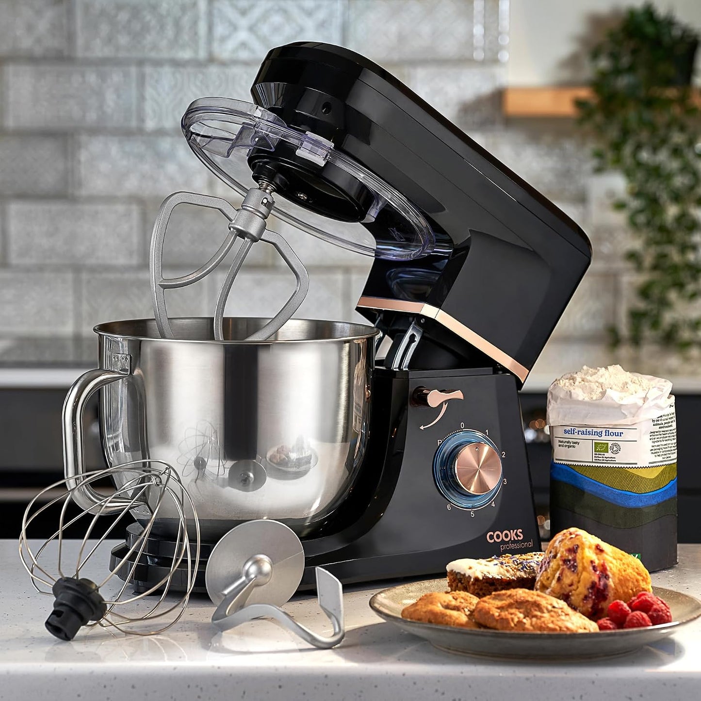 Stand Mixer 1200W with 6 Speeds & Pulse, 7L S-Steel Mixing Bowl, Splash Guard, Whisk, Beater & Dough Hook | Electric Kitchen Mixer for Cakes, Bread, Baking | Black & Rose Gold
