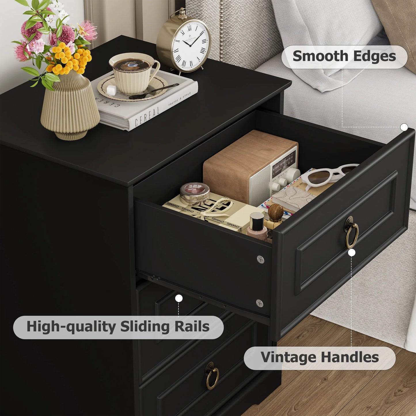 Bedside Tables with 3 Drawers, Bedroom Nightstand, Small Chest of Drawers, Side End Table 45.5X38X64 Cm