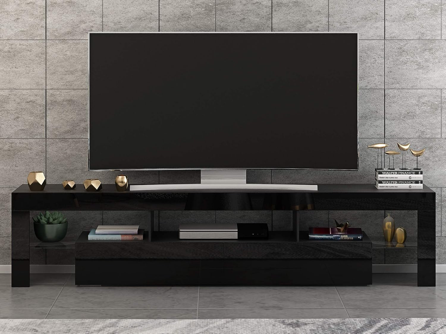 Front RGB LED TV Stand Cabinet Unit Modern 160Cm TV Desk with Storage for Entertainment Living Room (Black)
