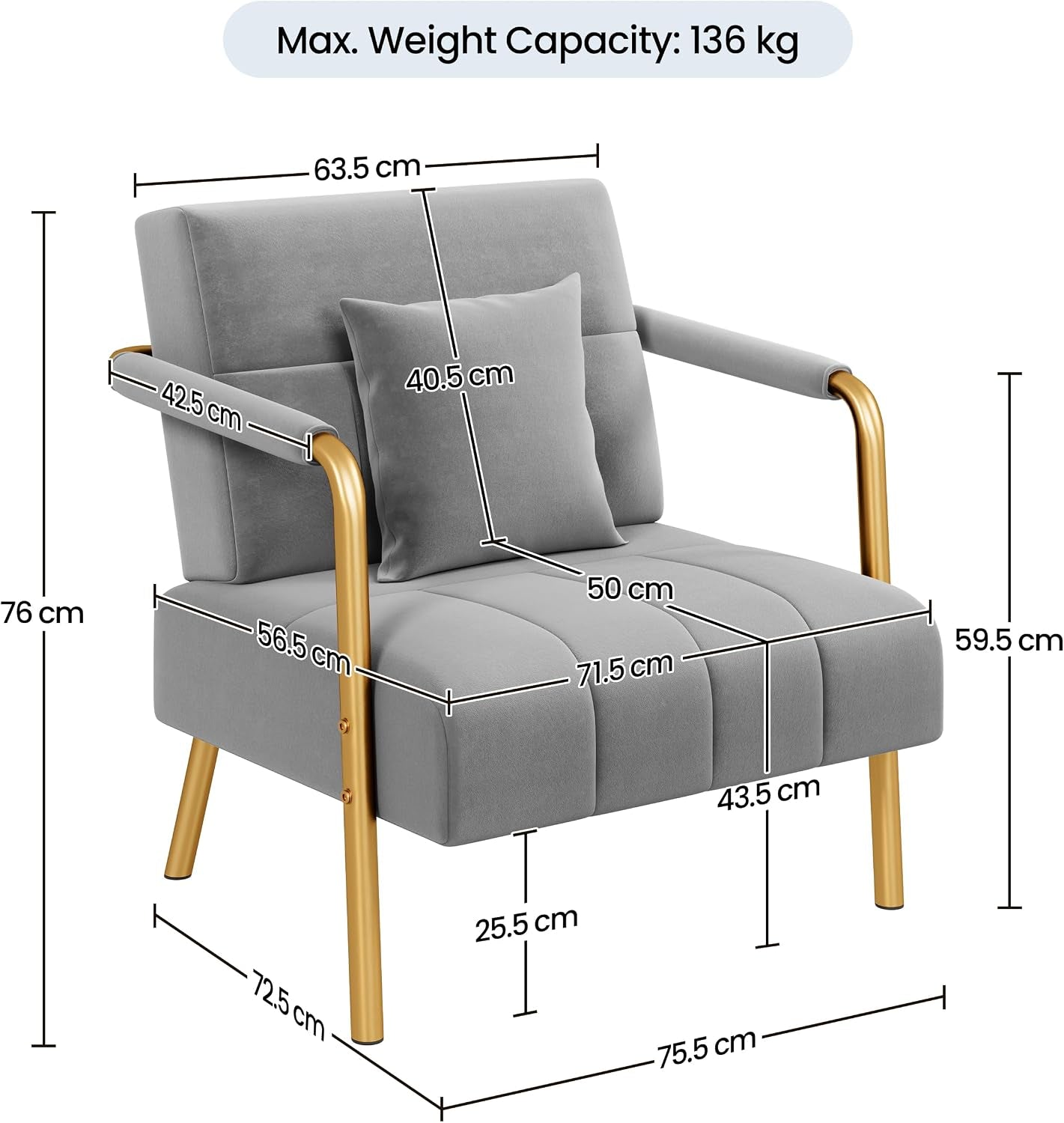 Velvet Single Sofa Chair, Gold Metal Arms Living Room Light Grey | Small Sofa Couch Gold-Tone Metal Arms and Legs Pillows for Bedroom, Home Office, Studio, Small Space