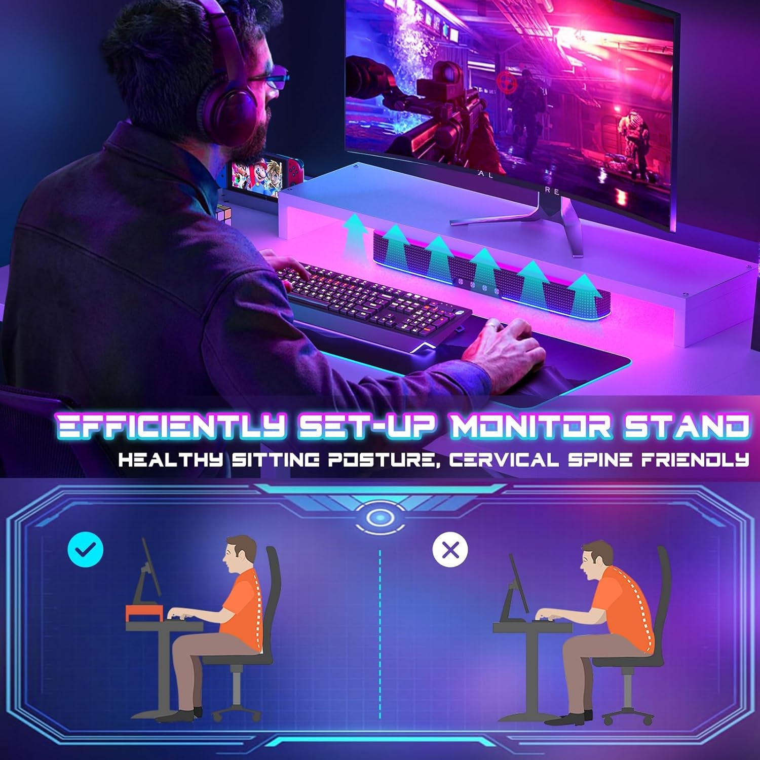 Gaming Desk with LED Lights & Power Outlet, Reversible Computer Desk with Moveable Monitor Stand, 100X75X50Cm Office Desk with USB Charging Station for Home, Bedroom, Study, White