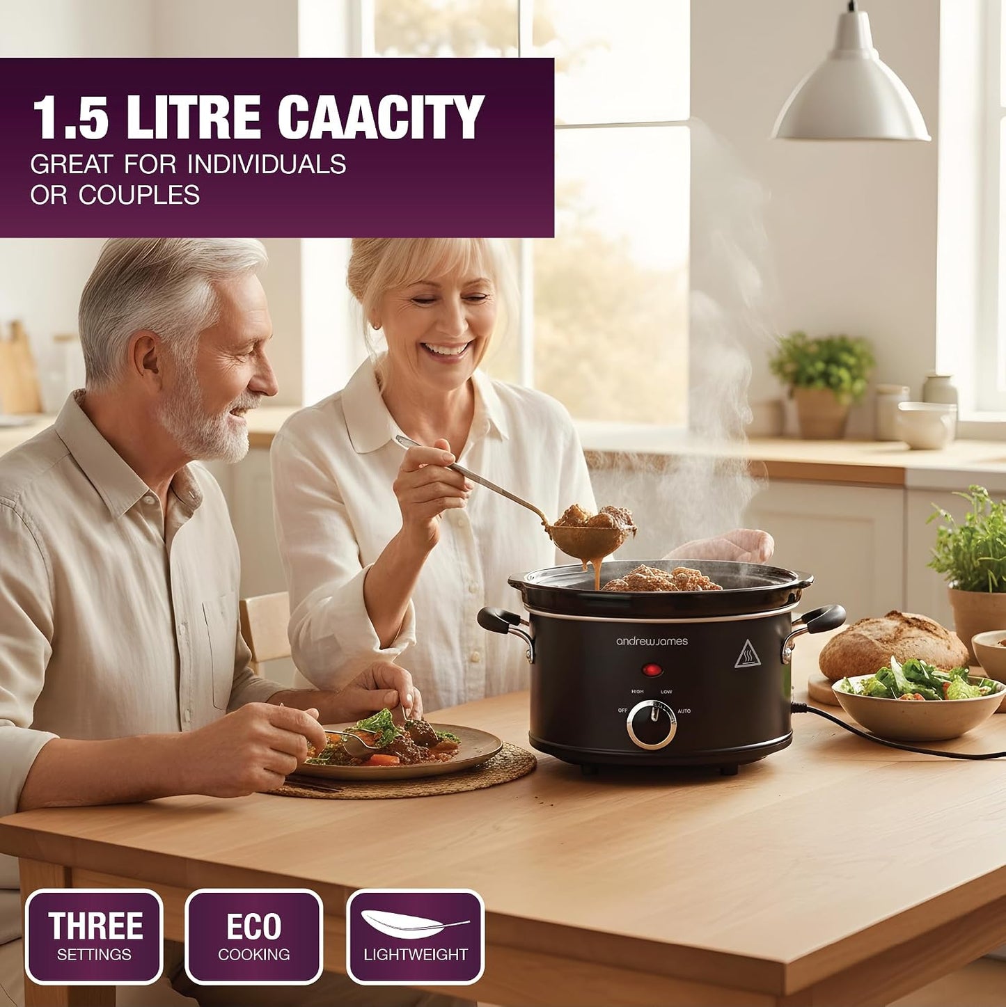 1.5L Slow Cooker - Roast-To-Rest – Compact Small Slow Cooker for 1–2 People with Oven-Proof Ceramic Pot, Easy-Clean Design, 3 Heat Settings & Glass Lid