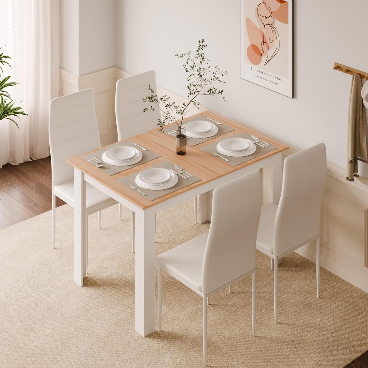 Dining Table and Chairs Set 4, 120X80X75Cm, for Kitchen Home Office | 4 Seater Table and Chairs Set Dining Room Sets High Back Faux Leather Chair, Oak Table and White Chairs