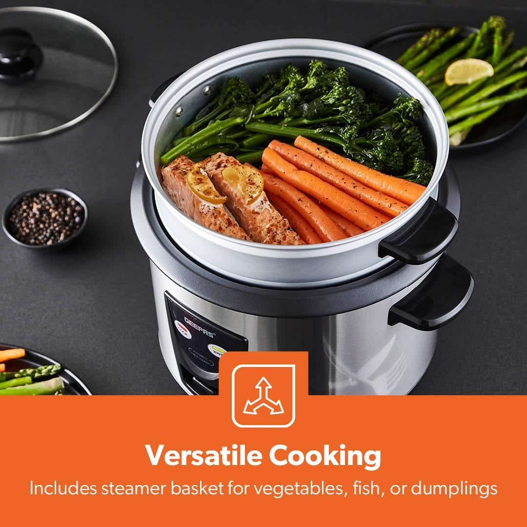 1.8L Rice Cooker with Steamer Keep Warm Auto Cooking 700W Silver | Non-Stick Inner Pot Includes Measuring Cup, Spatula & Tempered Lid