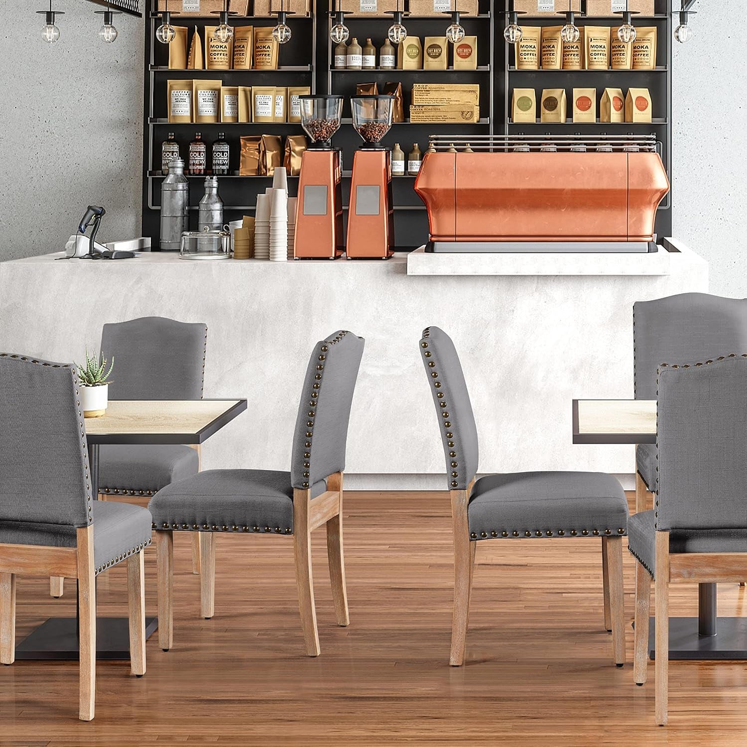 Fabric Dining Chairs Set of 6 Nailhead Trim Upholstered Dark Grey | Upholstered Armless Kitchen Chairs Padded Seat, Dining Room Chairs Side Chairs for Living Room Restaurants, Cafés, Hotels