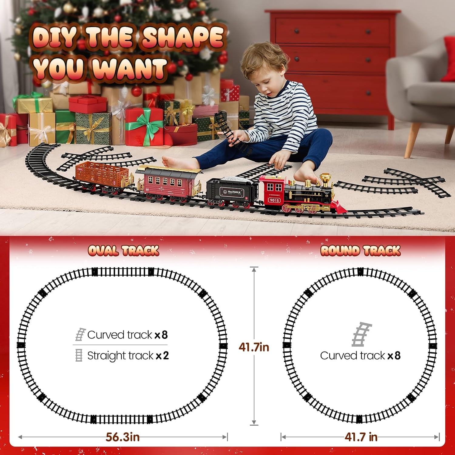 Christmas Electric Train Set for 3 4 5 6 Year Old Boys under Tree | Train Set for Kids Adults, Train for around the Christmas Tree, Steam Train Toy with Smoke