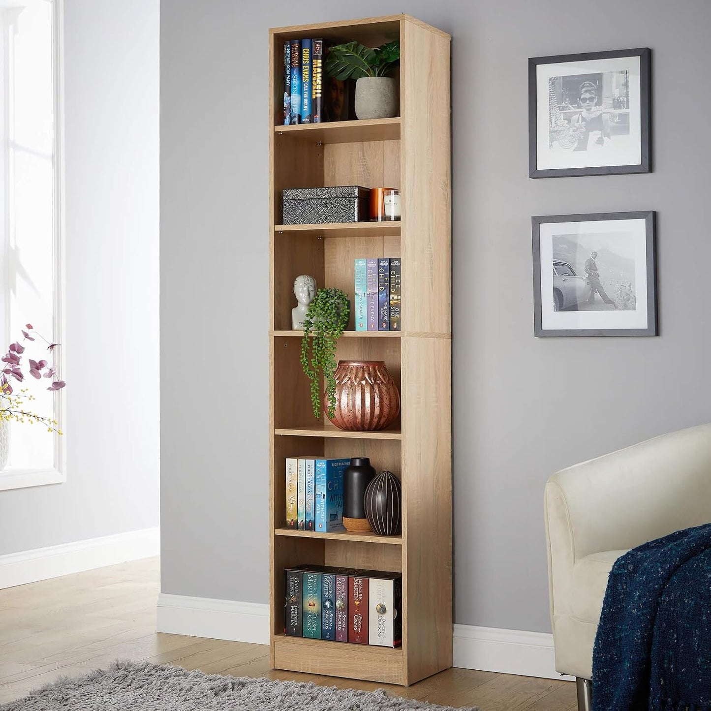Tall Bookcase, Narrow Open Adjustable Shelves, Display Storage Cabinet, 6 Tier, Oak Effect