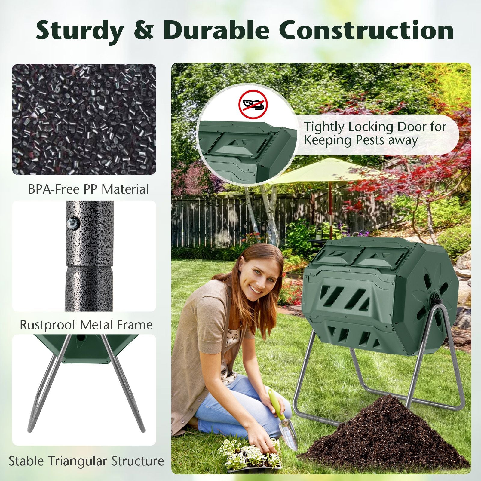 Compost Bin 160L Dual Chamber Composting Tumbler with Sliding Doors