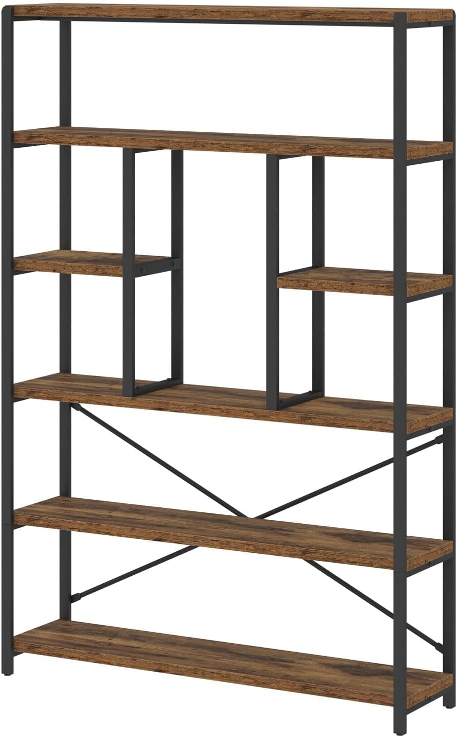 Rustic Bookcase and Bookshelf, Metal Wood 6 Tier Book Shelf, Industrial Vertical Display Etagere Book Case 6 Shelf, Vintage Large Book Shelves for Bedroom Living Room, Brown, 180 CM