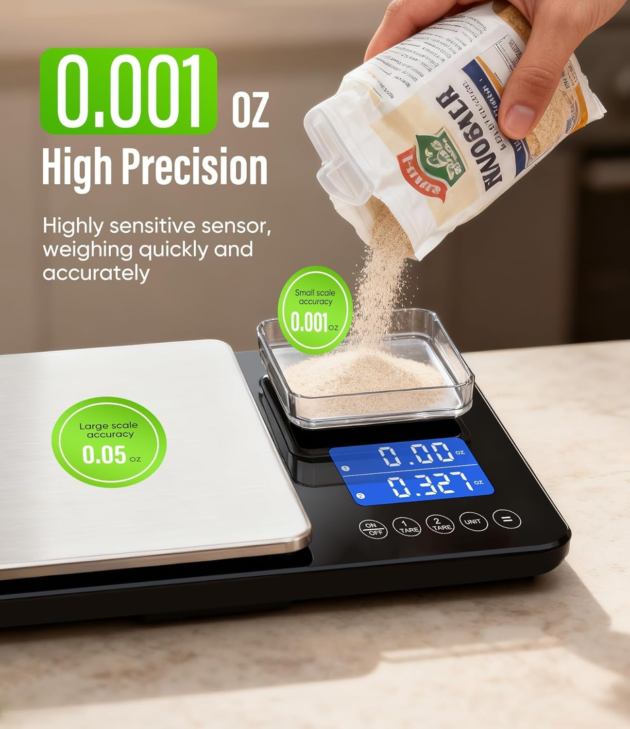 Dual Platform Kitchen Scales with High Precision: 15Kg/33Lb Capacity at 1G & 500G Capacity at 0.01G, Professional Food Scales for Baking Sourdough Bread and Cooking, 7 Units, Tare, Accumulation
