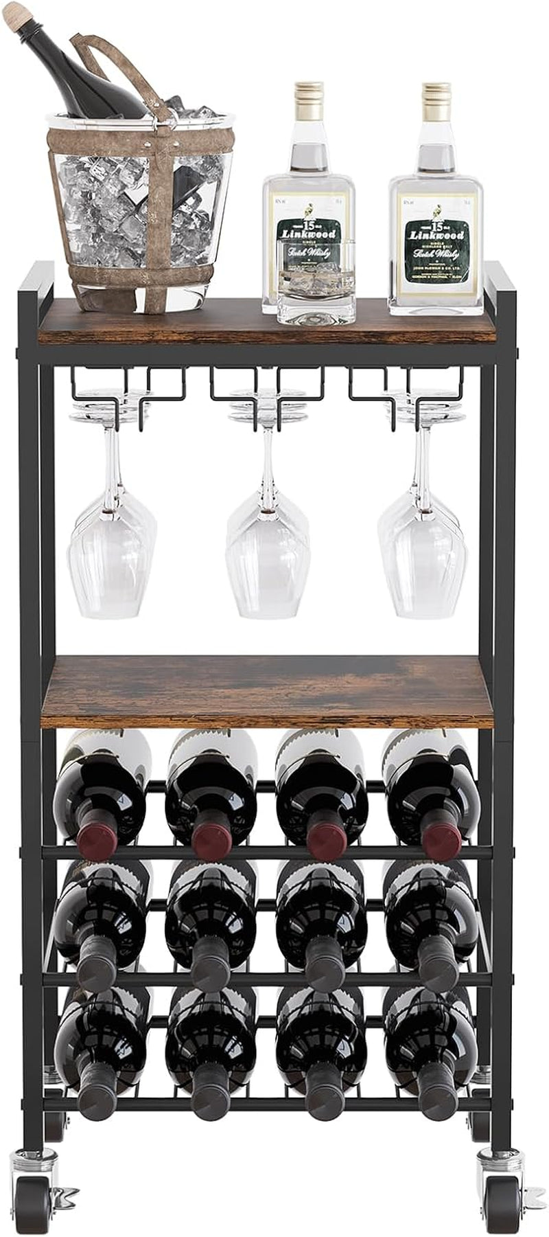 Metal Wooden 12 Bottles Wine Racks Free Standing Floor,Wine Trolley on Wheels,Rolling Bar Cart with Glass Holder,Drinks Storage Trolley for Home & Kitchen,Brown