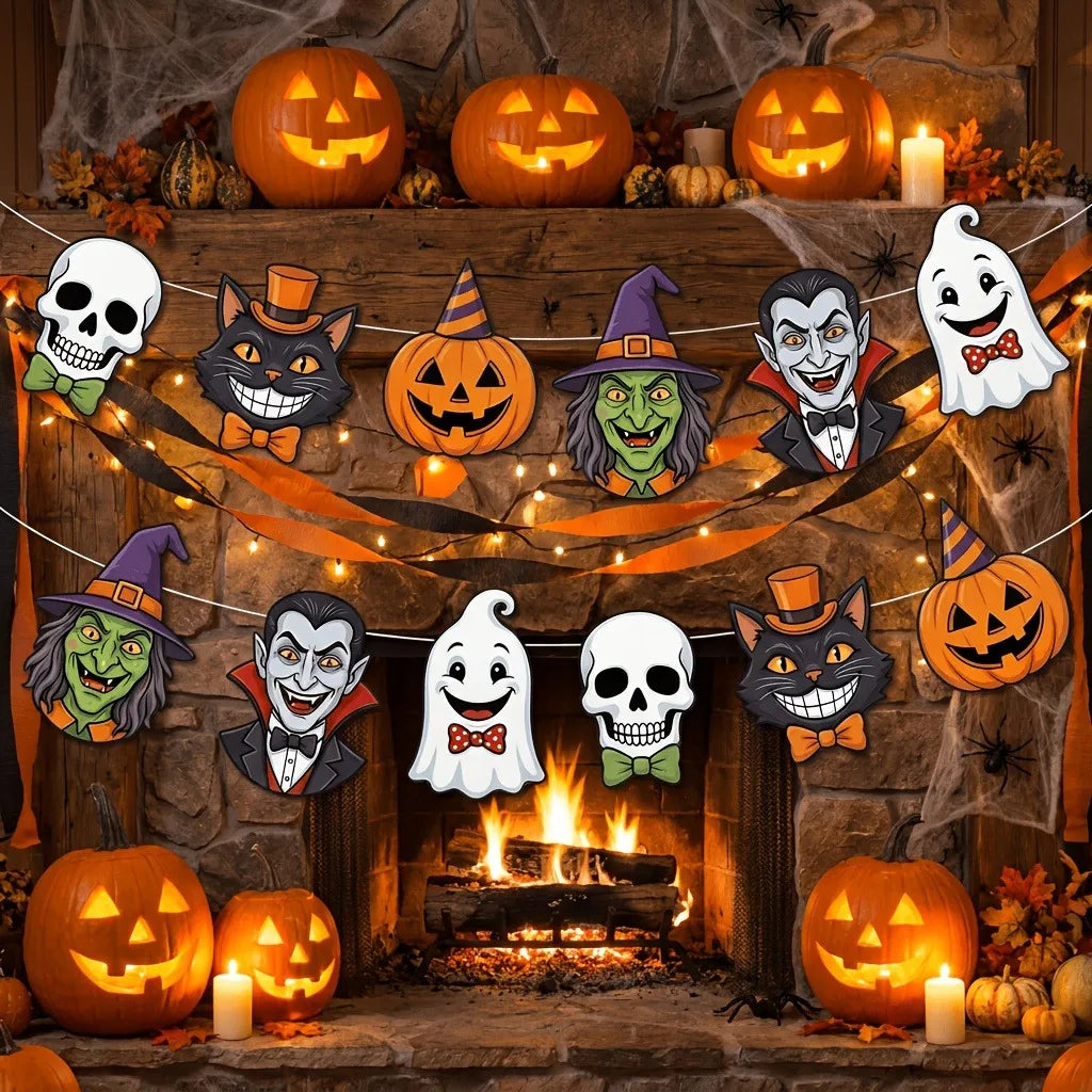 Cartoon Halloween Character Banner Witch Vampire Ghost Pumpkin Black Cat Skull Bunting Garland for Indoor Home Party Decor