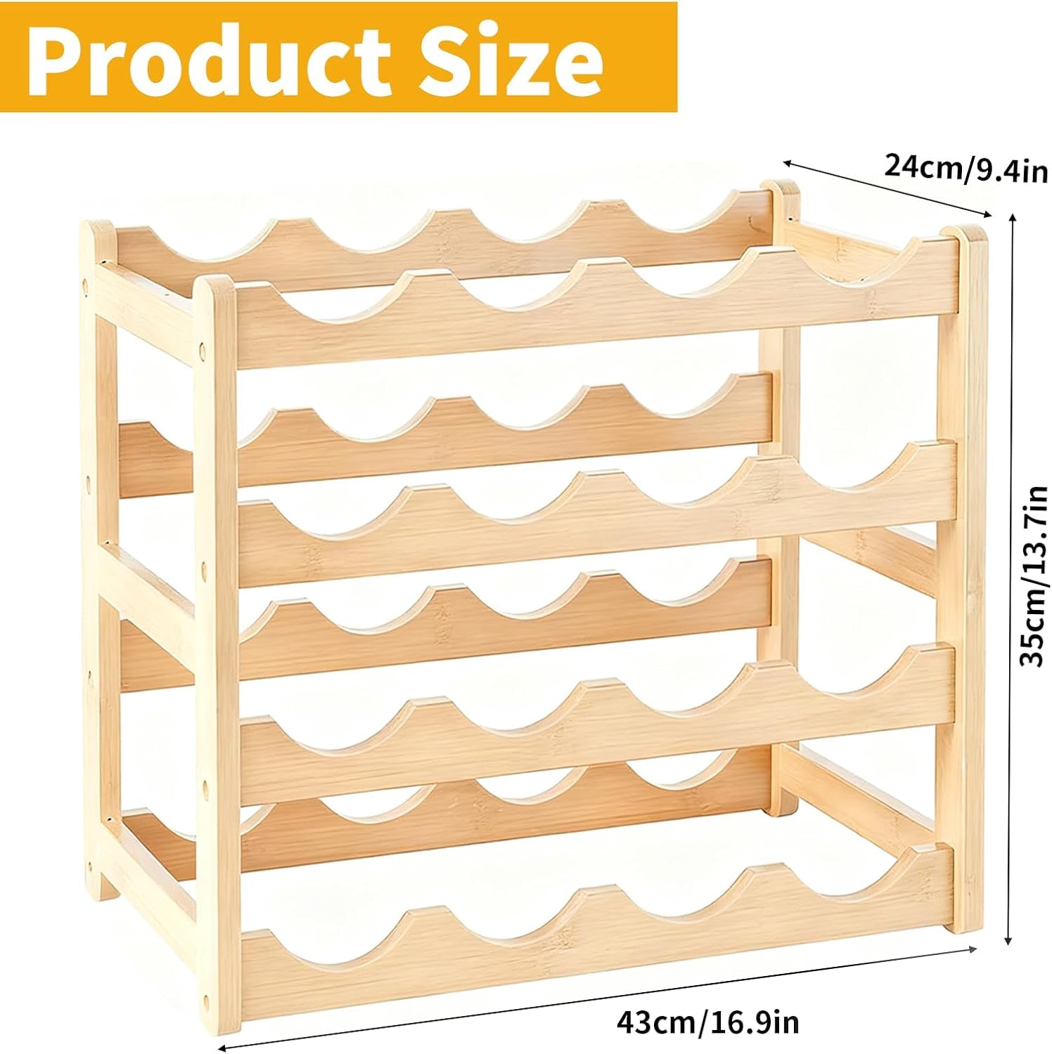 16 Bottles Wooden Wine Rack, 4 Tier Stackable Wine Storage Racks Free Standing Bottle Rack for Cupboard Home Kitchen Pantry Wine Cellar