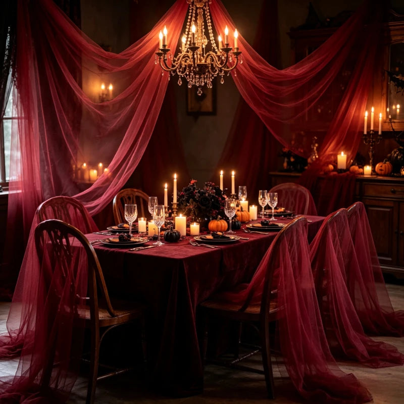 50M Overlength Large Black Sheer Tulle - Halloween Spooky Party Decor, Elegant Burgundy Door Curtain Yarn, Wall & Table Decor