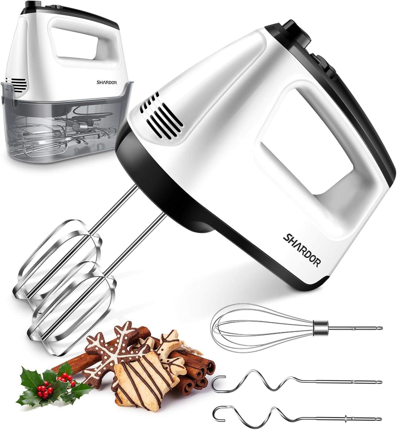 Hand Mixer Electric Whisk with 400W All-Pure Copper,6 Speeds &Turbo | Anti-Splash Electric Hand Whisk with Snap-On Storage Case,5 Stainless Steel Attachments for Baking, Whipping, Mixing