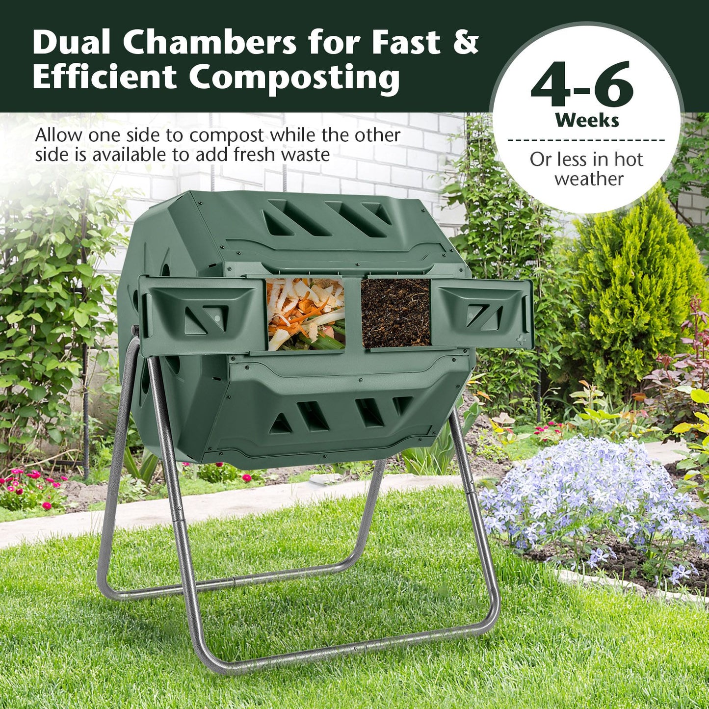 Compost Bin 160L Dual Chamber Composting Tumbler with Sliding Doors