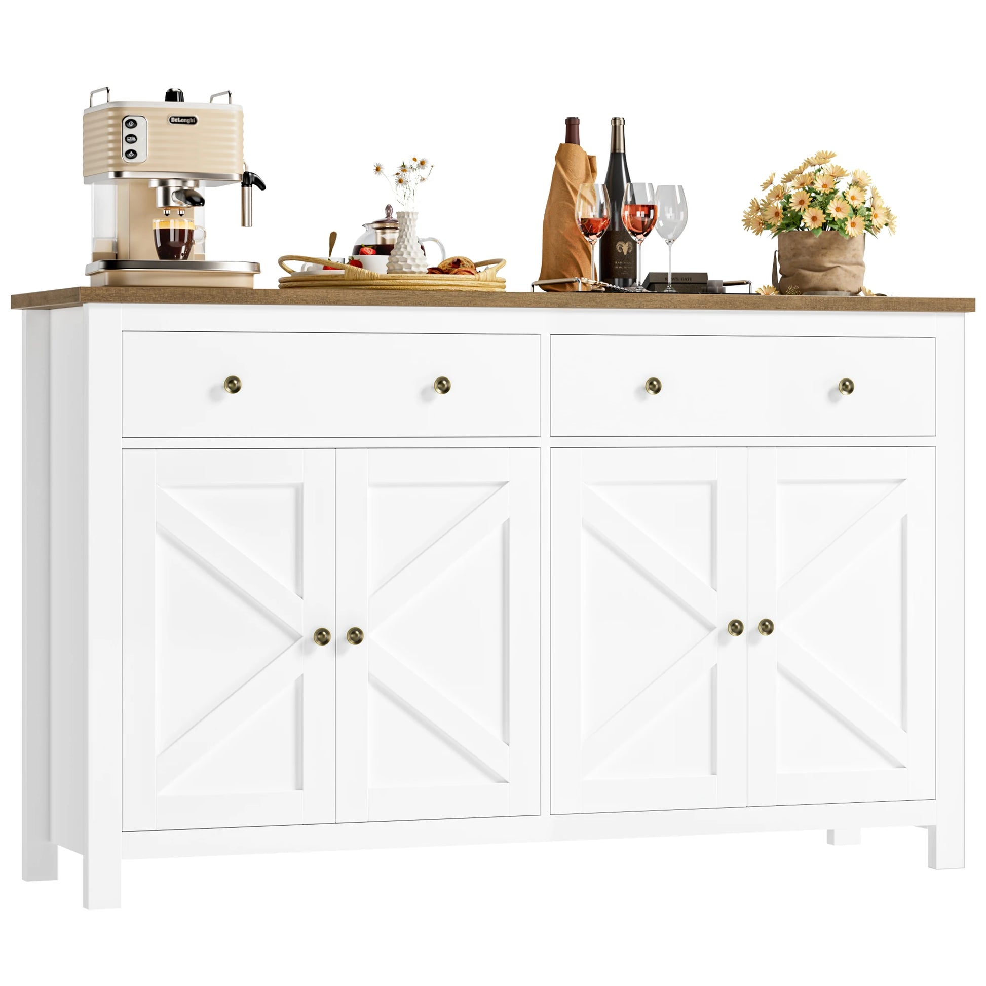 White Sideboard Storage Cabinet 140Cm Large Kitchen Cabinet for Living Room Dining Room