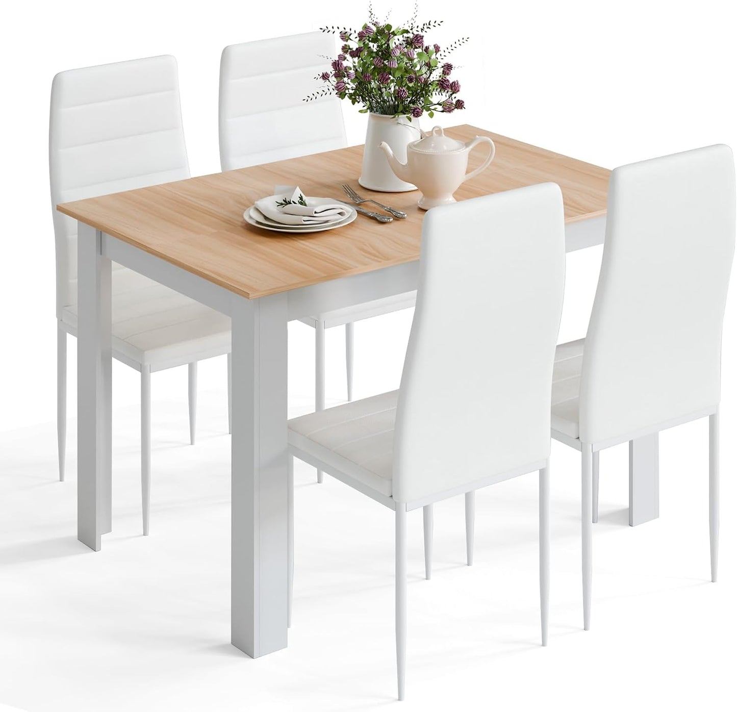 Dining Table and Chairs Set 4, 120X80X75Cm, for Kitchen Home Office | 4 Seater Table and Chairs Set Dining Room Sets High Back Faux Leather Chair, Oak Table and White Chairs