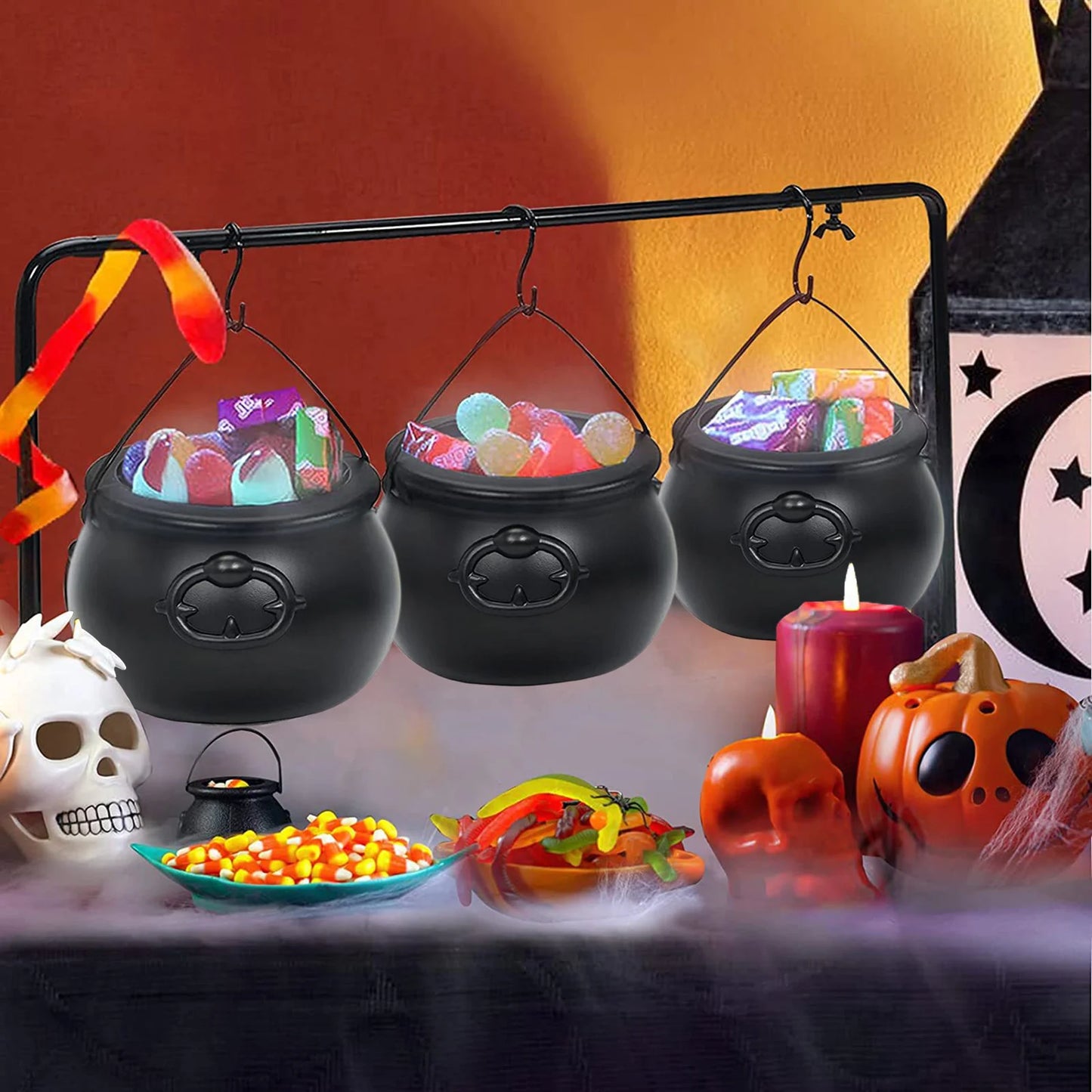 Halloween Candy Bowl Decorations Black Plastic Cauldron Bowls with Iron Rack, Halloween Party Decorations Candy Bucket