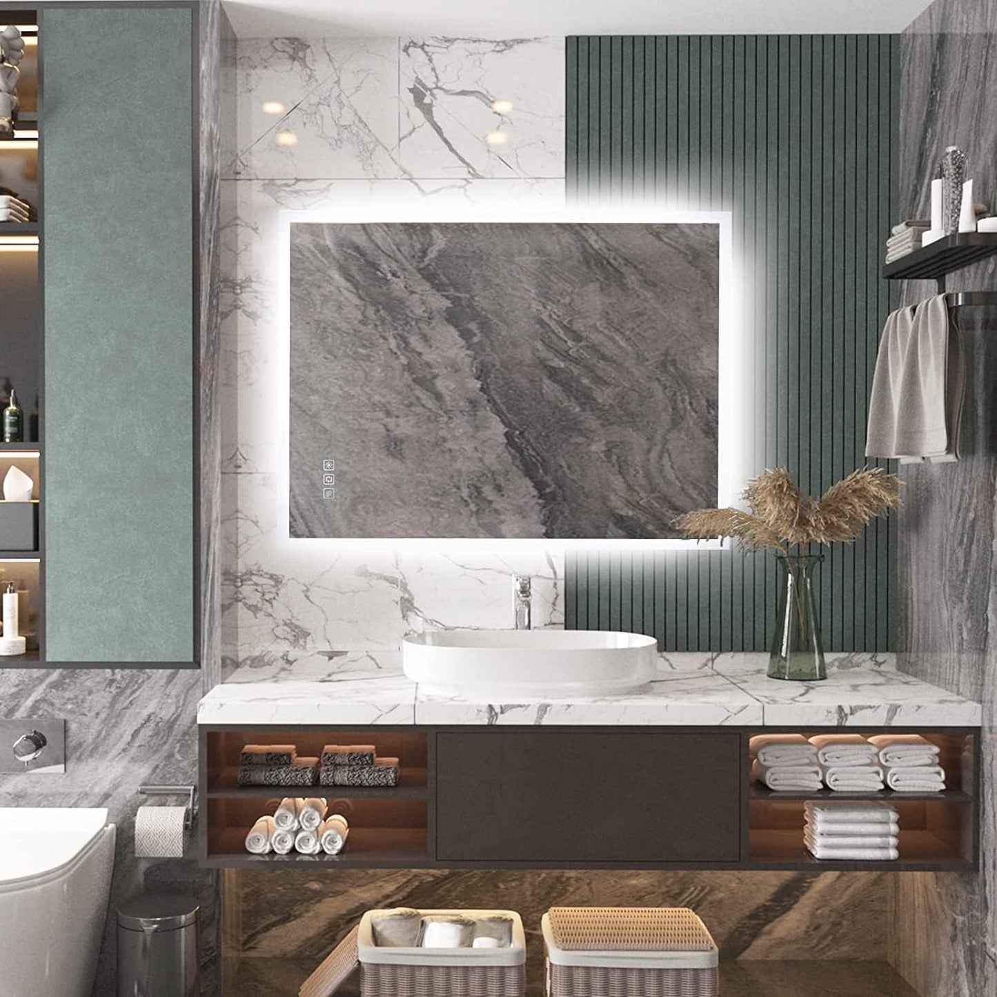 800X600 Mm Backlit Illuminated Bathroom Mirrors, Wall Mounted Multifunction Bathroom Vanity Mirror with LED Lights, Adjustable Light, anti Fog, Memory Dimming Function, Vertical/Horizontal