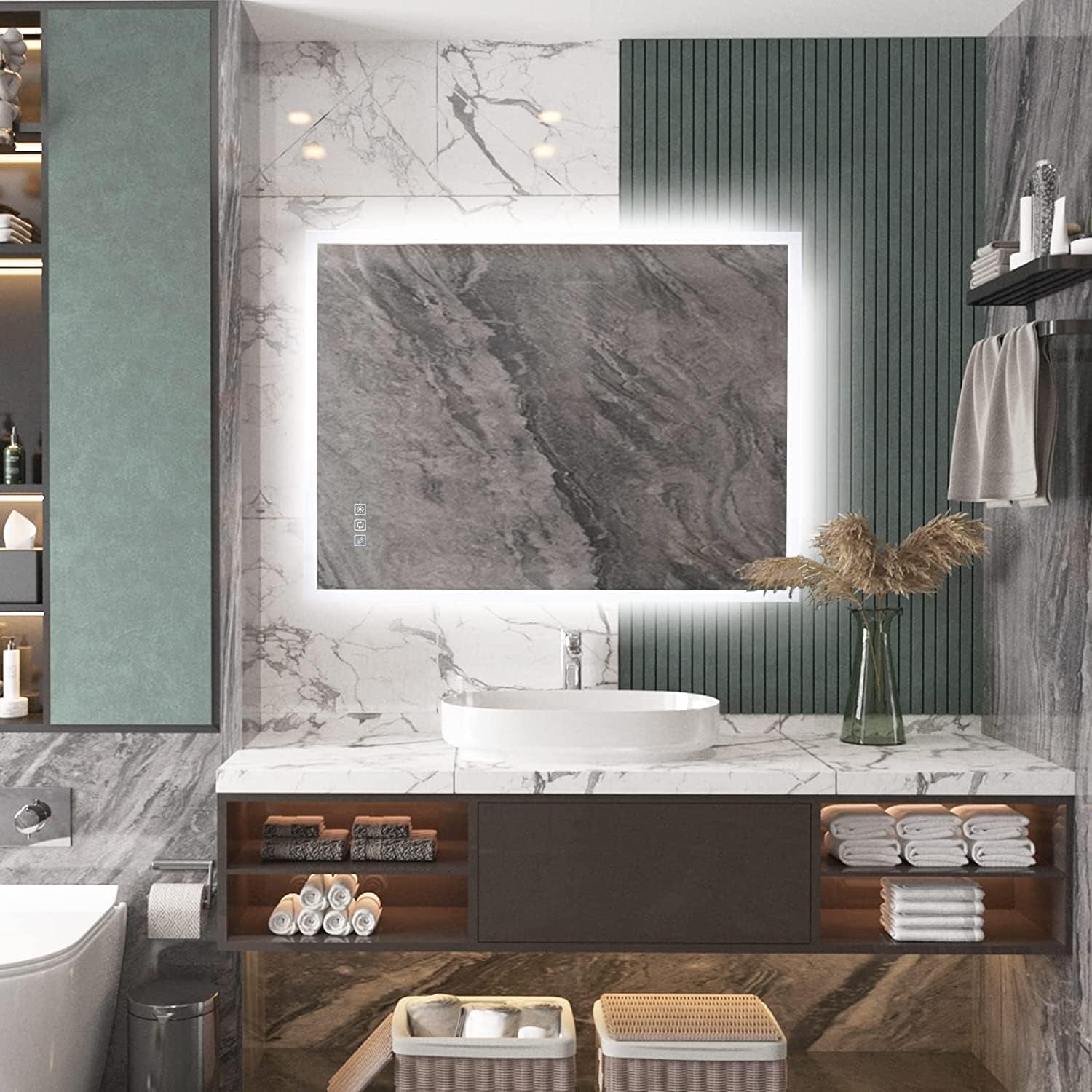 800X600 Mm Backlit Illuminated Bathroom Mirrors, Wall Mounted Multifunction Bathroom Vanity Mirror with LED Lights, Adjustable Light, anti Fog, Memory Dimming Function, Vertical/Horizontal