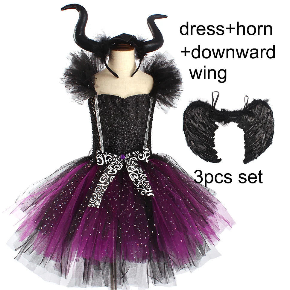 Glittery Black & Purple Kids Evil Witch Tutu Dress Girls Dark Fairy Witch Tutu Halloween Cosplay Costume with Horns and Wings