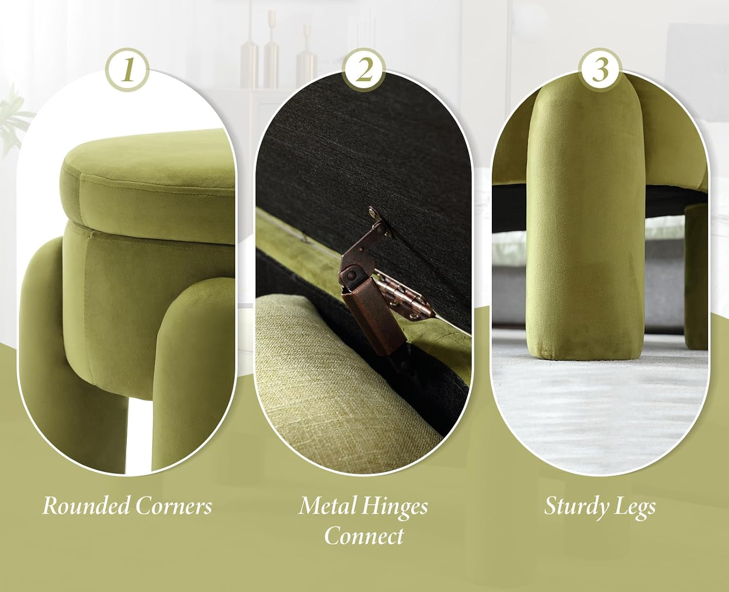 Upholstered Storage Ottoman Seat Velvet Window Bench Corner Bench for Bedroom Living Room (Green)