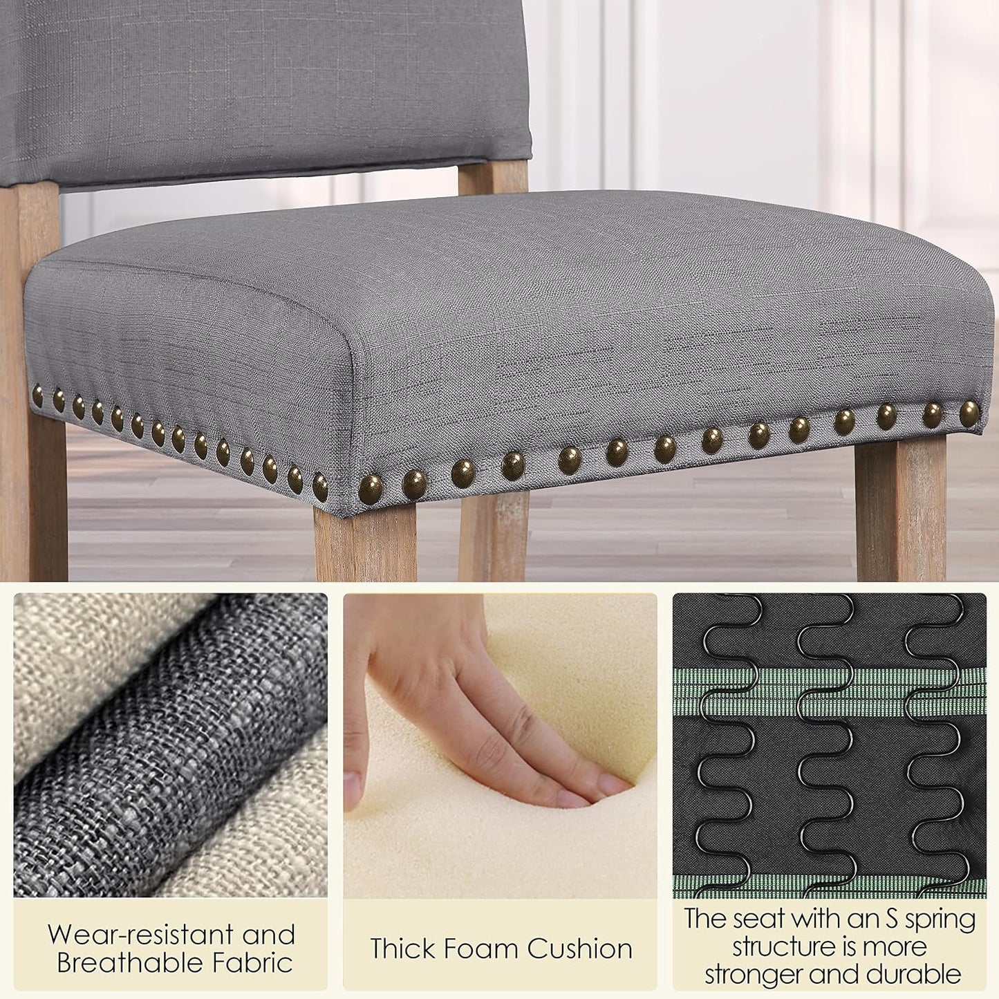 Fabric Dining Chairs Set of 6 Nailhead Trim Upholstered Dark Grey | Upholstered Armless Kitchen Chairs Padded Seat, Dining Room Chairs Side Chairs for Living Room Restaurants, Cafés, Hotels