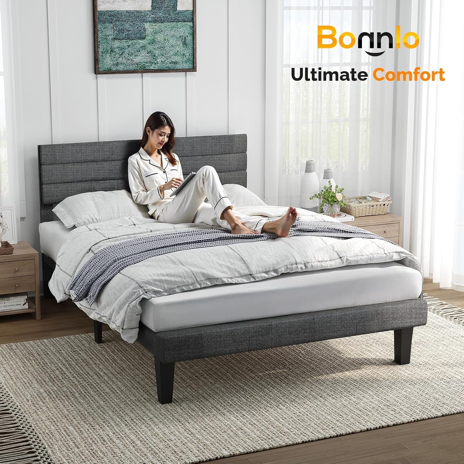 Single Bed Frame, Upholstered Platform Bed with Headboard & under Bed Storage - Sturdy Wooden Slat Support - No Box Spring Needed, Linen-Like Fabric, Light Grey, 90 X 190 Cm