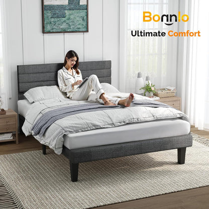 Single Bed Frame, Upholstered Platform Bed with Headboard & under Bed Storage - Sturdy Wooden Slat Support - No Box Spring Needed, Linen-Like Fabric, Light Grey, 90 X 190 Cm