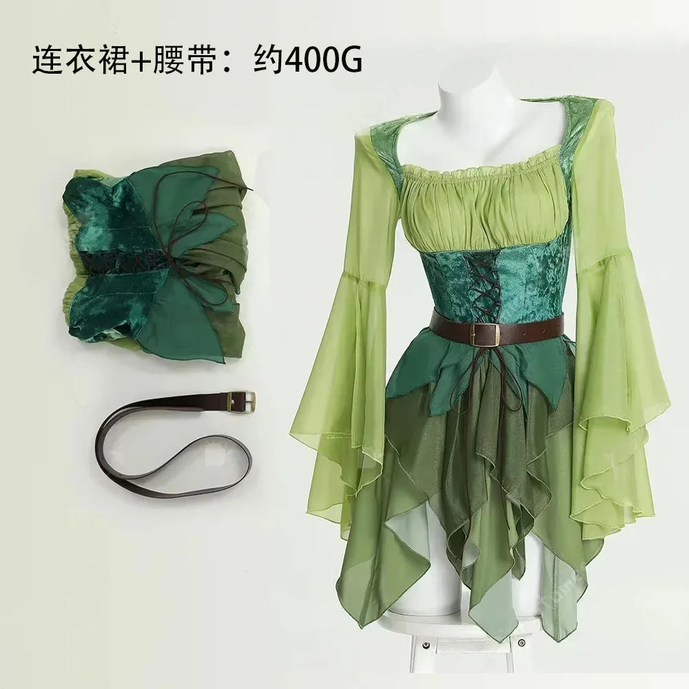 Women'S Elf Medieval Green Fairy Dress Magical Elf Dress and Belt with Wings Halloween Cosplay Costumes Elf Role-Playing Costume