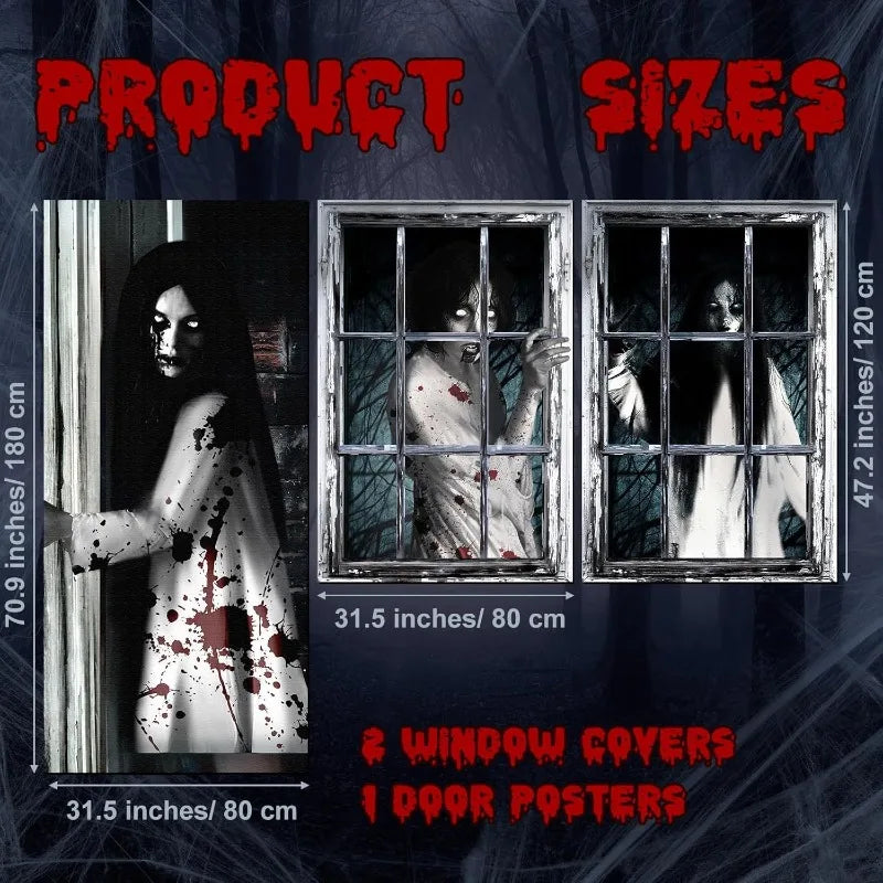 3PCS Halloween Window Door Cover Decor Set - Scary Fabric Clings, Halloween Curtain Window Banner Horror Ghosts Hanging Backdrop