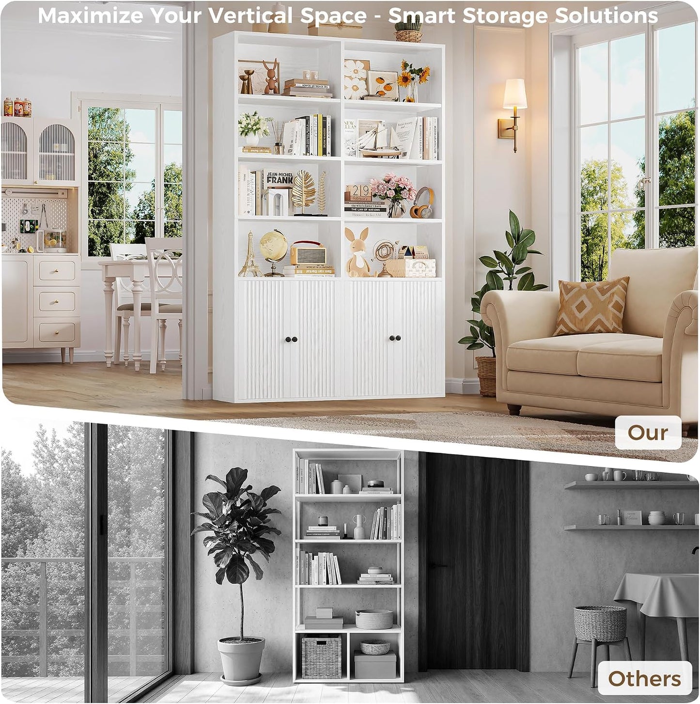 Bookcase with Doors, 180Cm Tall Bookshelf, 6 Tier Living Room Bookcases, 8 Open Compartments, Free Standing Display Shelf, Wooden Shelving Storage Unit for Home Office 108×30×180Cm (White)