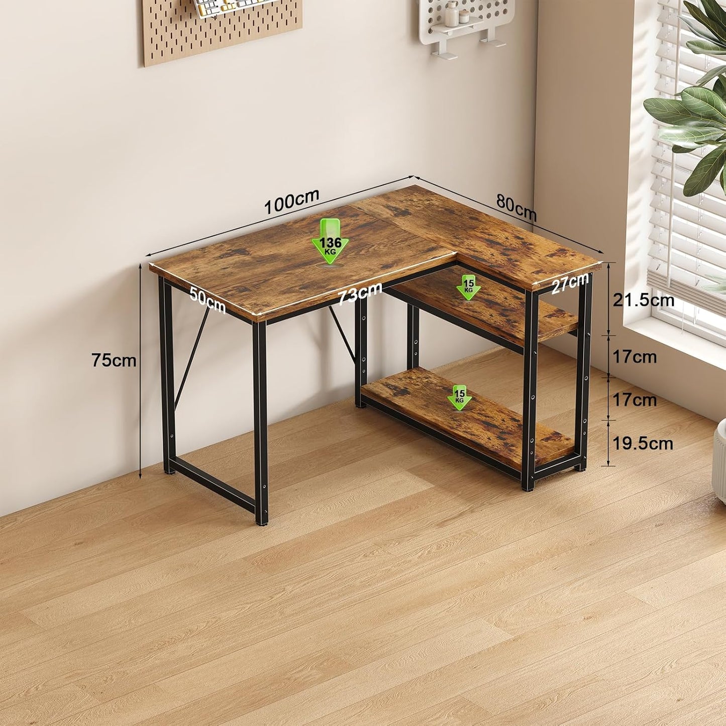 100 * 80Cm L Shaped Computer Desk with Reversible Large Storage Shelves, Corner Desk Computer Workstation Matching under Desk Height Adjustable Storage, Home Office Work Table Brown