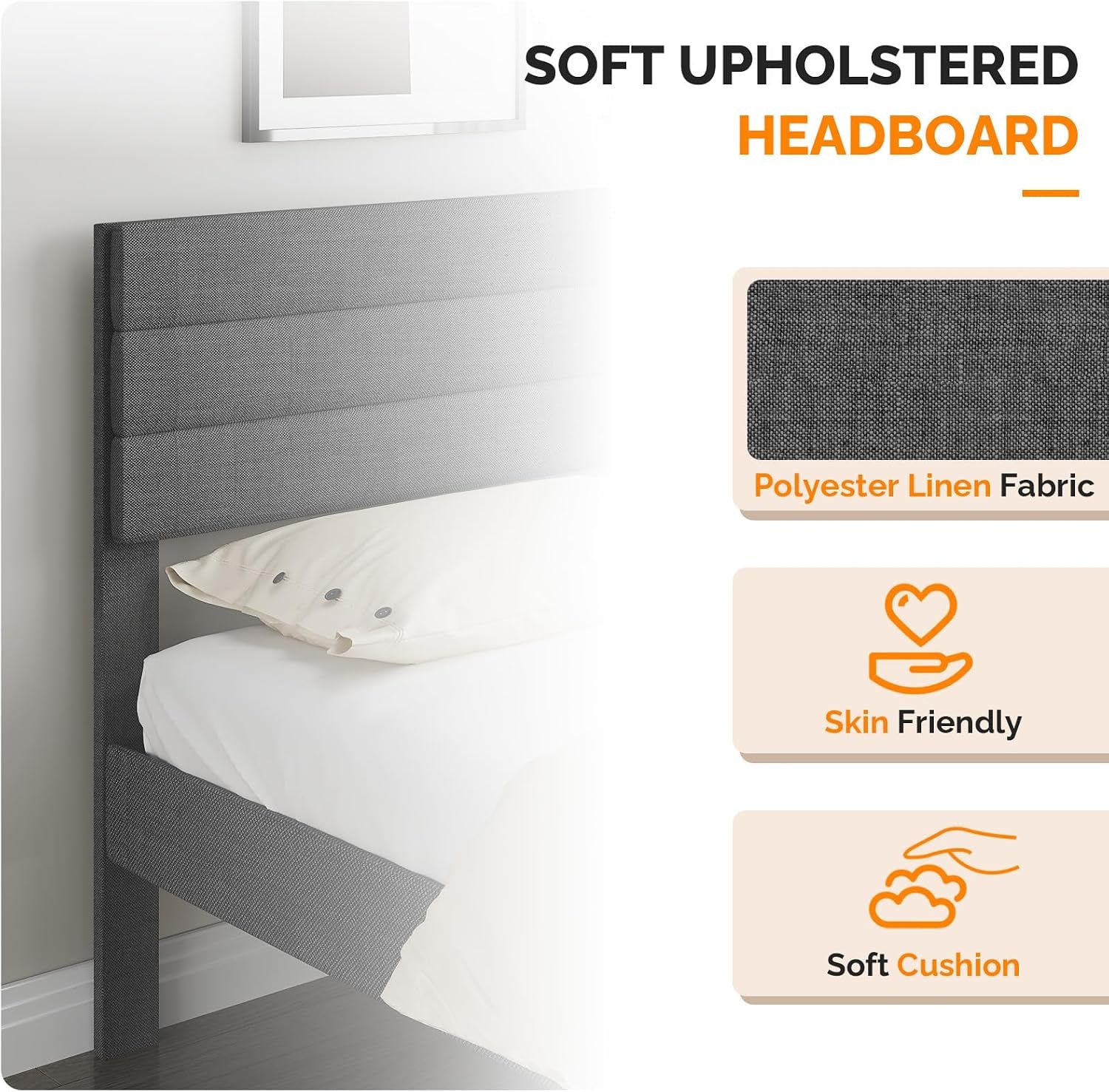Single Bed Frame, Upholstered Platform Bed with Headboard & under Bed Storage - Sturdy Wooden Slat Support - No Box Spring Needed, Linen-Like Fabric, Light Grey, 90 X 190 Cm