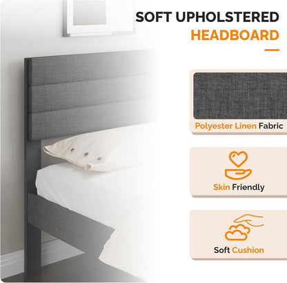 Single Bed Frame, Upholstered Platform Bed with Headboard & under Bed Storage - Sturdy Wooden Slat Support - No Box Spring Needed, Linen-Like Fabric, Light Grey, 90 X 190 Cm