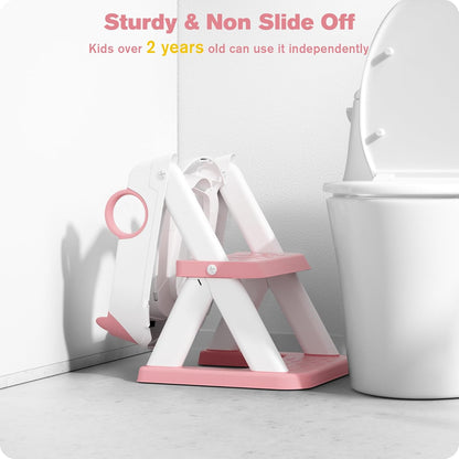 Bear Potty Training Seat, Upgrade 2 in 1 Toddler Toilet Seat,Splash Guard Anti-Slip Pad Step Stool,Pink