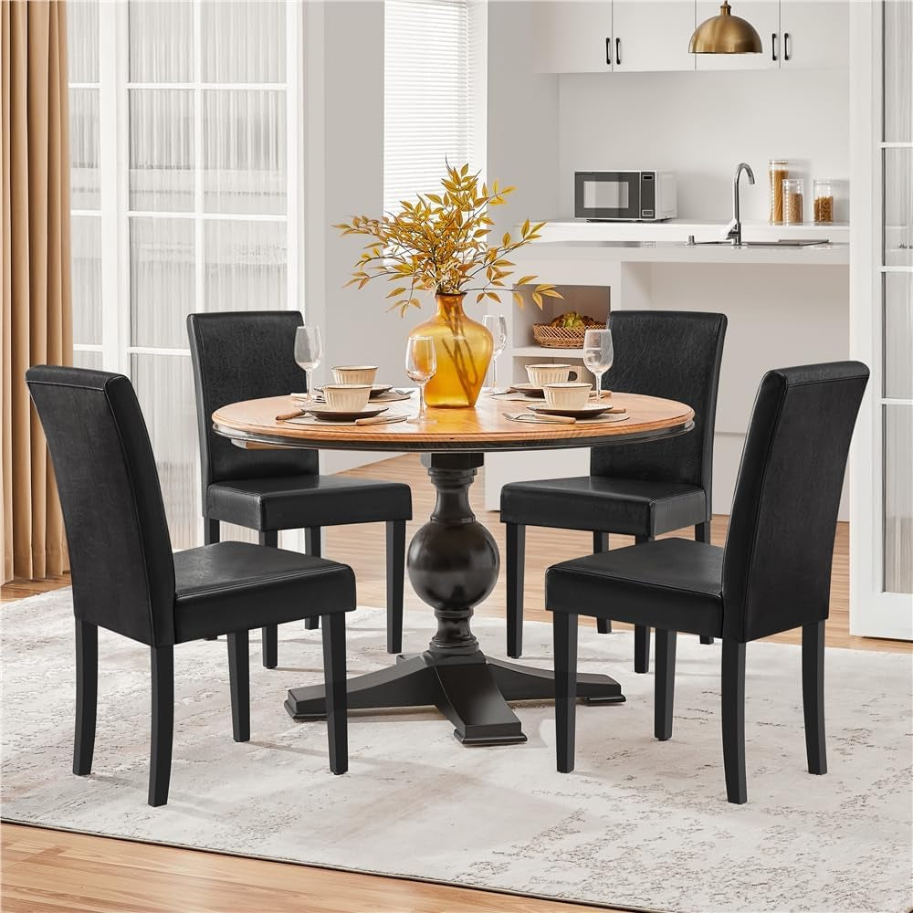 Faux Leather Dining Room Chair Set of 4 with High Back, Black | Upholstered Kitchen Chairs, 10.5Cm Thick Seat Cushion Armless Side Chairs with Solid Wood Legs for Dining Room, Living Room