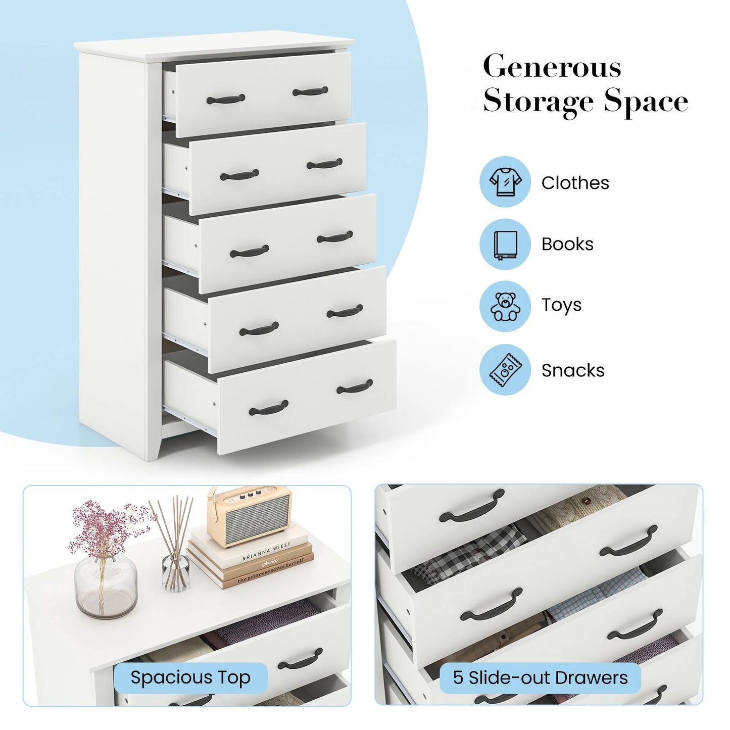 Dresser Vertical Chest of Drawers with 5 Pull-Out Drawers