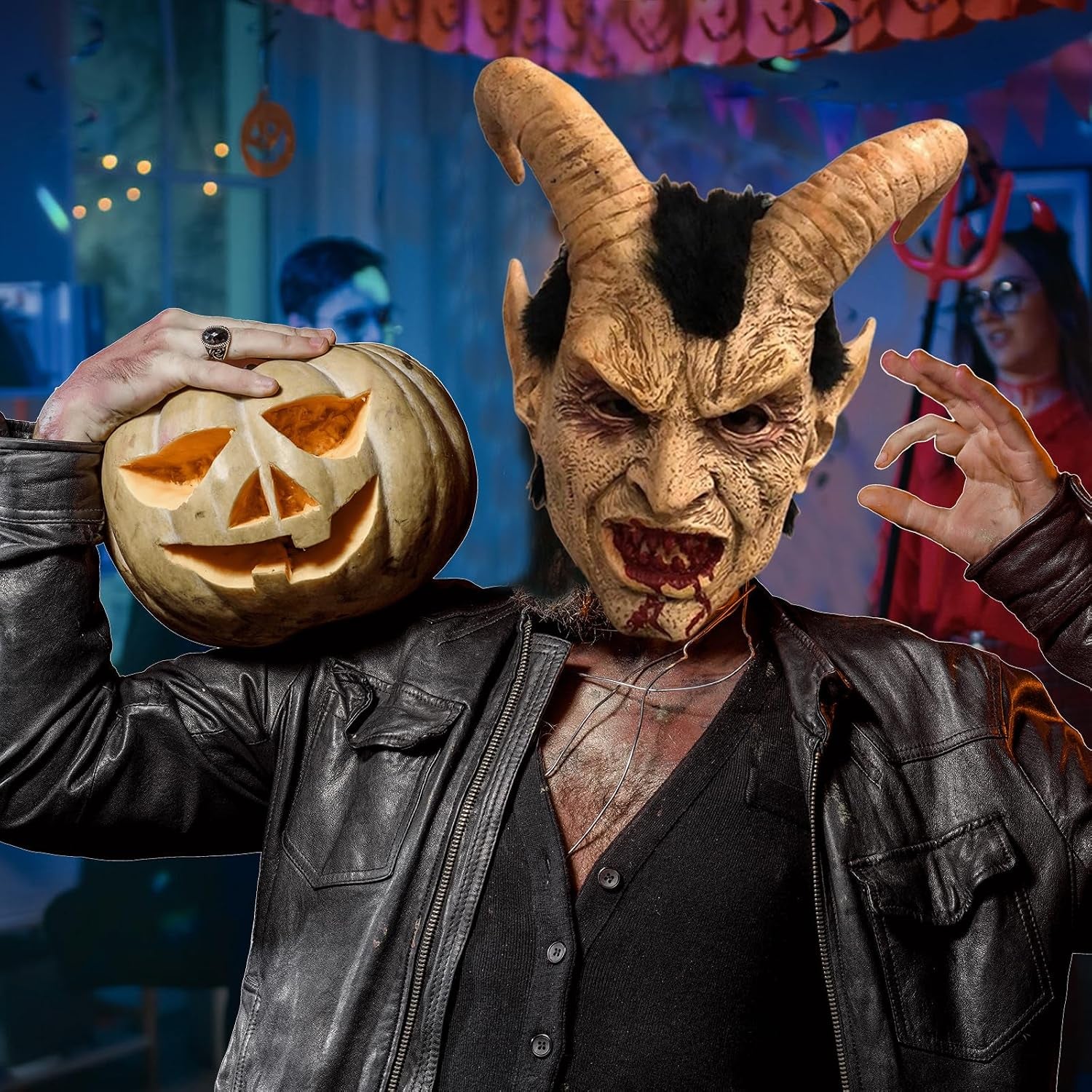 Realistic Animal Skull Demon Mask, Full Face Scary Mask with Hair Details for Halloween Decor
