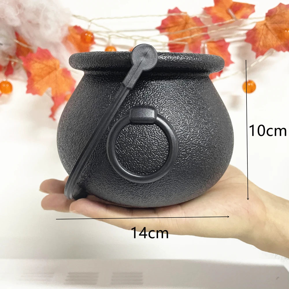 Halloween Candy Bowl Decorations Black Plastic Cauldron Bowls with Iron Rack, Halloween Party Decorations Candy Bucket
