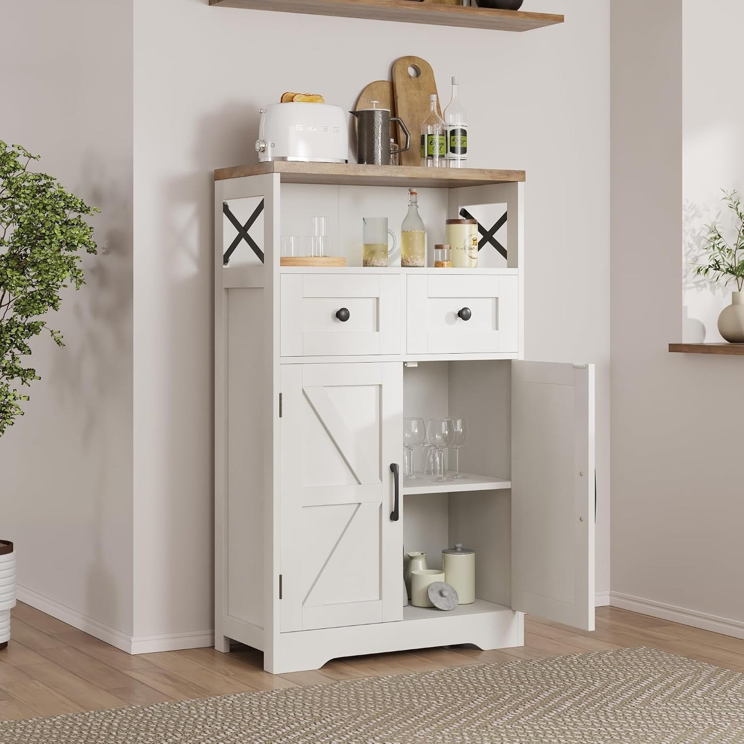 Sideboard Cabinet,Kitchen Storage Cabinet with 2 Drawers and Open Shelf,Modern High Capacity Unit Cupboard for Living Room,Kitchen,Home,White