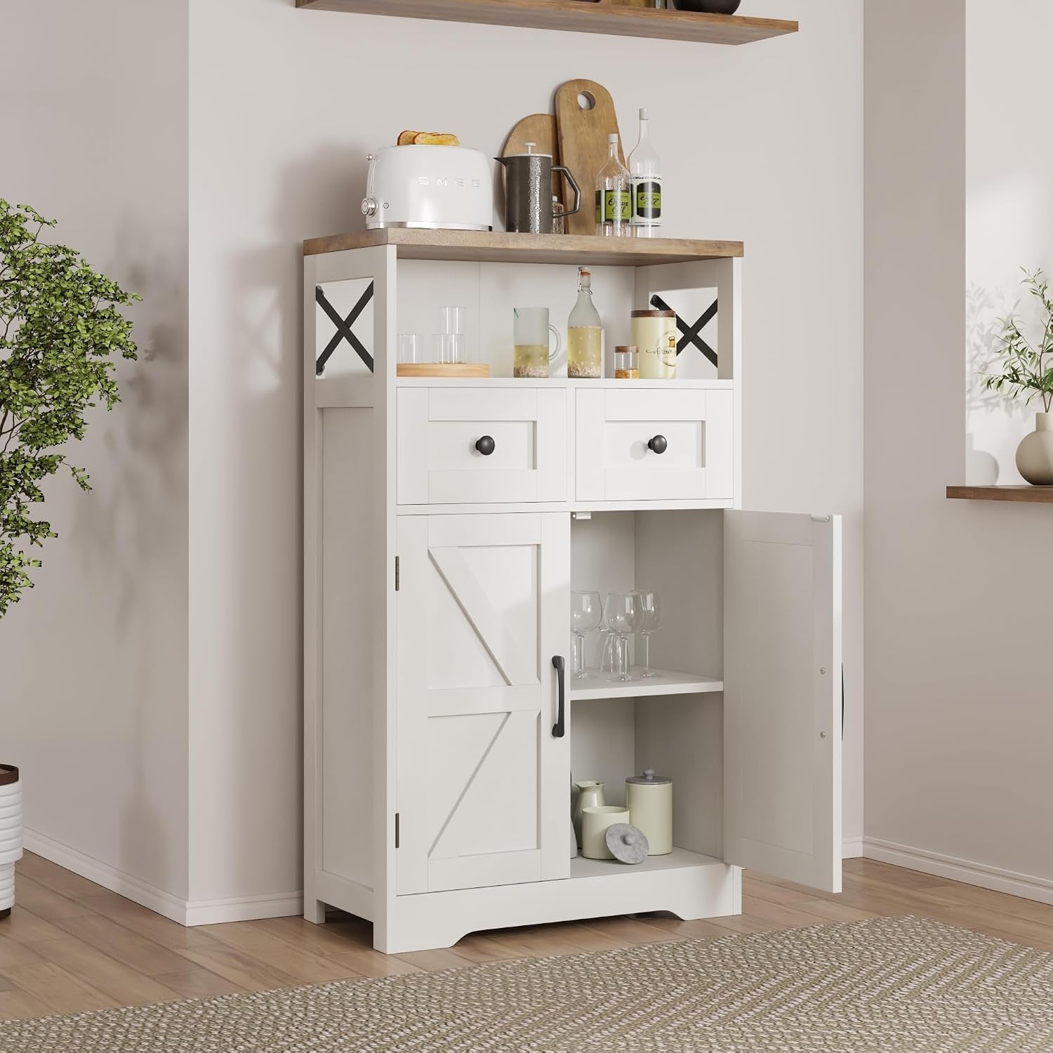 Sideboard Cabinet,Kitchen Storage Cabinet with 2 Drawers and Open Shelf,Modern High Capacity Unit Cupboard for Living Room,Kitchen,Home,White