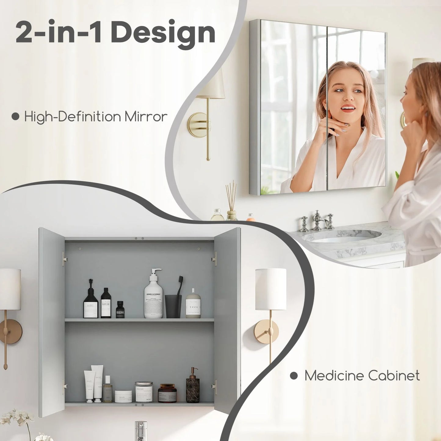 Sleek Medicine Cabinet with Double Mirrored Doors - Space-Saving Storage Solution for Your Bathroom