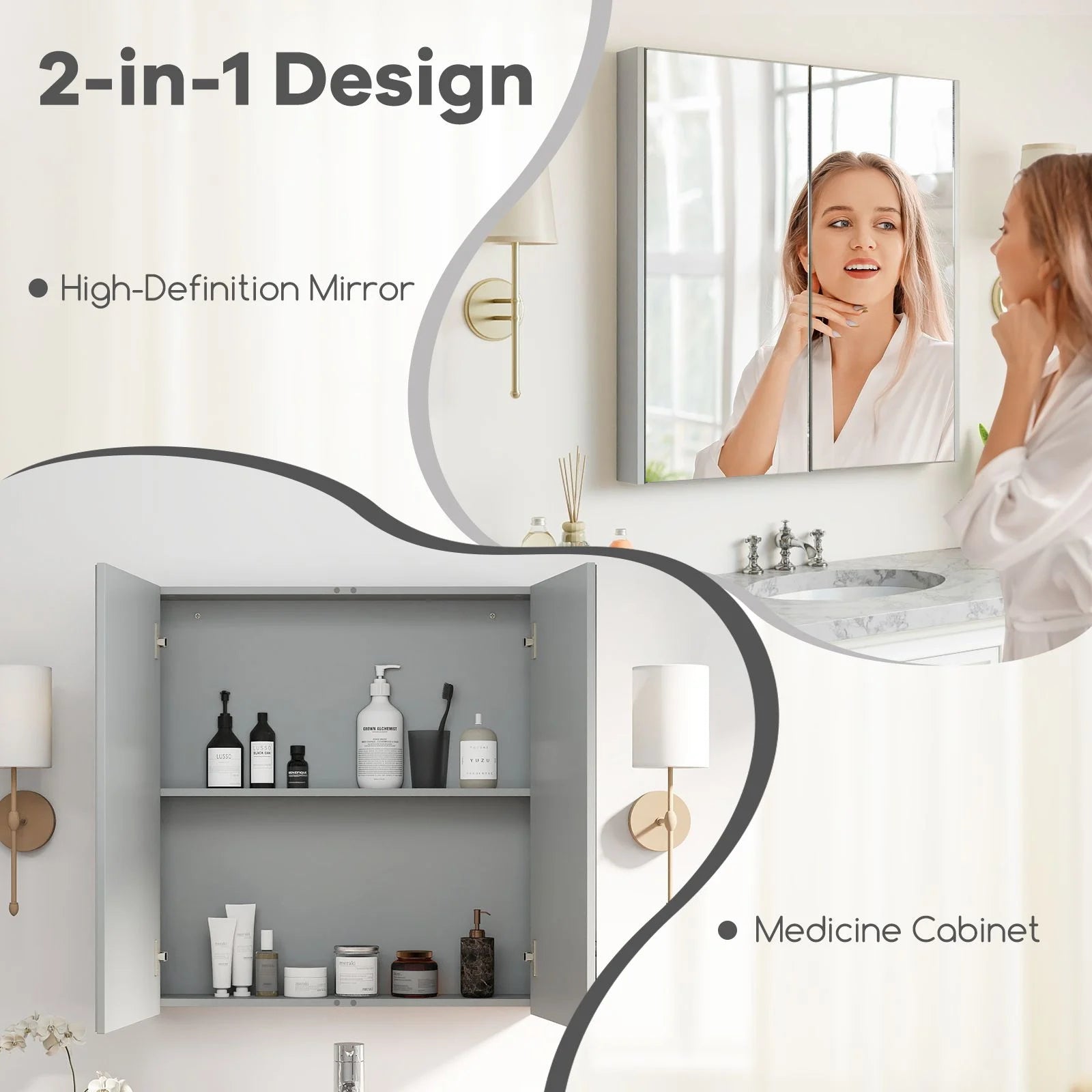 Sleek Medicine Cabinet with Double Mirrored Doors - Space-Saving Storage Solution for Your Bathroom