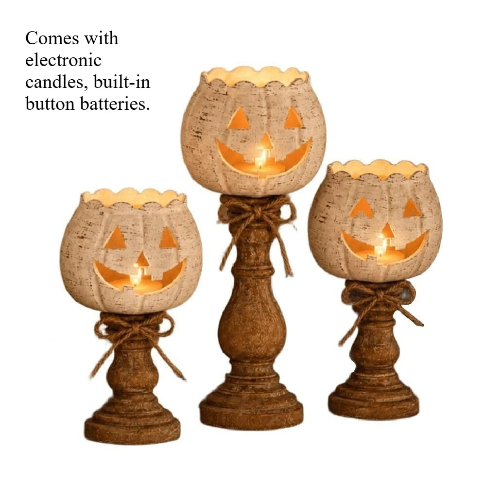 Halloween Pumpkin Candle Holder, Rustic Jack O Lantern Candlestick Tabletop Decor for Fall Harvest Party