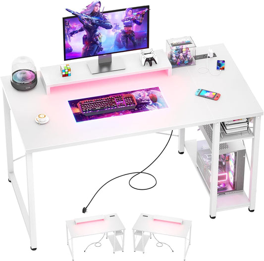 Gaming Desk with LED Lights & Power Outlet, Reversible Computer Desk with Moveable Monitor Stand, 100X75X50Cm Office Desk with USB Charging Station for Home, Bedroom, Study, White